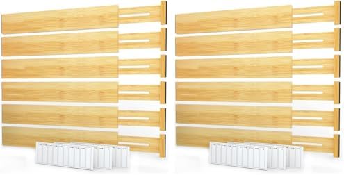 SpaceAid Bamboo Drawer Dividers with Labels, Kitchen Adjustable Drawer Organizers, Expandable Organization for Home, Office, Dressers and Bathroom, 6 Dividers (17-22 in)