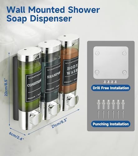 Cabo Deseado Shower Soap Dispenser Wall Mounted No Drill Shampoo Dispenser for Shower Wall Shampoo and Conditioner Dispenser Bathroom Hotel 3 * 350ml Gungray with Labels