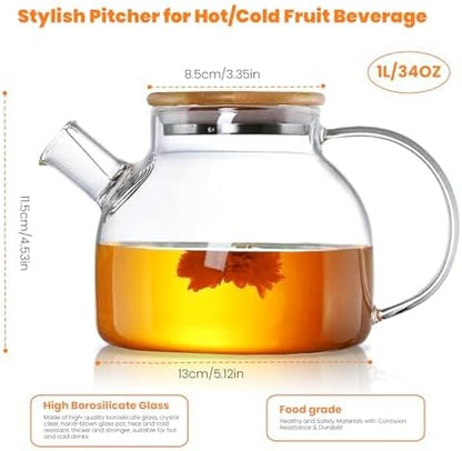 60.8oz Glass Teapot, Stovetop & Microwave Safe Glass Borosilicate Tea Pot,Clear Teapot with Strainer, Glass Tea Kettle with Wooden Lid, Loose Leaf、Fruit Tea and Fragrant Tea