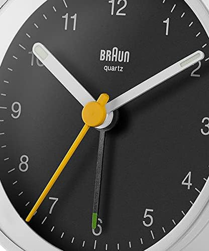 Braun Classic Analogue Alarm Clock with Snooze and Light, Quiet Quartz Movement, Crescendo Beep Alarm in White, Model BC12W.