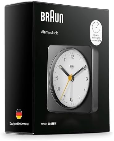 Braun Classic Analogue Alarm Clock with Snooze and Light, Quiet Quartz Sweeping Movement, Crescendo Beep Alarm in White, Model BC03W.
