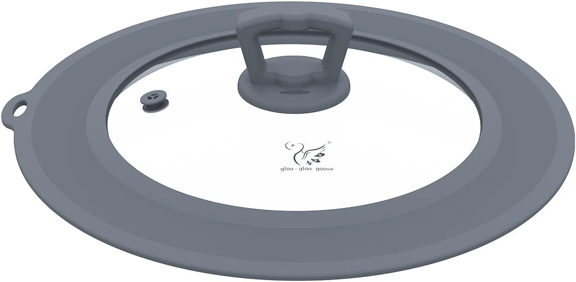 Vented Tempered Glass Universal Lid for Pot Pan Skillet with Heat Resistant Silicone Rim Microwave Splatter Lid Cover Microwave Safe Fit 11.5" 12" 12.5" Cookware, Dishwasher Safe Black