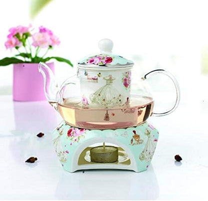 YBKTEX Glass Teapot with Ceramic Warmer- Butterflies Pattern (Pink)