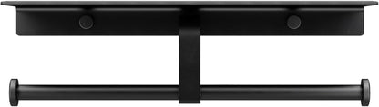Matte Black Toilet Paper Holder with Shelf, Wall-Mounted Bathroom Organizer, Double Roll