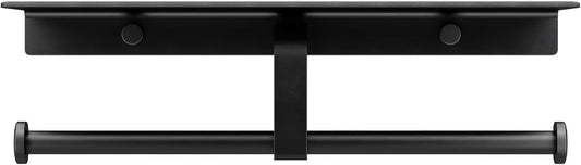 Matte Black Toilet Paper Holder with Shelf, Wall-Mounted Bathroom Organizer, Double Roll