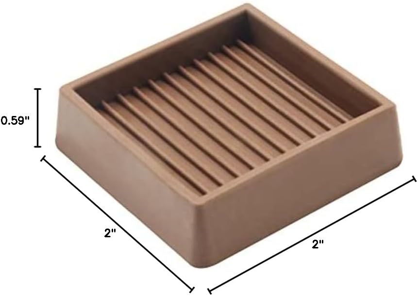 3X3 Square Rubber Caster Cups, Non Slip Furniture Pads - 4 Pack | Anti-Slip Furniture Gripper, Anti Skid Furnitures Feet, Anti Slide Floor Protector for Bed Couch Stoppers, Brown