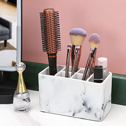 Marble Look Toothbrush Holder for Bathroom Countertop Organizer, Holds Toothpaste, Dental Floss, Razor, Comb, Makeup Brushes, and More, Stylish Bathroom Accessory for Tooth Brushing Essentials
