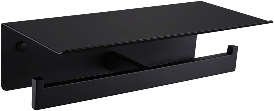 APLusee Matte Black Toilet Paper Holder with Storage Shelf, Wall Mounted | Rustproof 304 Stainless Steel, 2-in-1 Functional Toilet Paper and Phone Storage, Fits Bathroom, Restroom, Vanity, Kitchen
