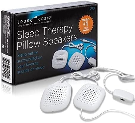 Sound Oasis Pillow Speakers, 2 UltraThin Stereo Speakers, Volume Control, Surround Sound for Music, Sleep, Tinnitus Masking, Connect to External Sound Source with 1/8" 3.5mm Headphone Jack Plug, White