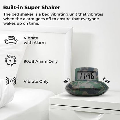 Sonic Alert Digital Alarm Clock - Small Travel Clocks for Heavy Sleepers - Battery Operated with Vibrating Bed Shaker - Green Camo