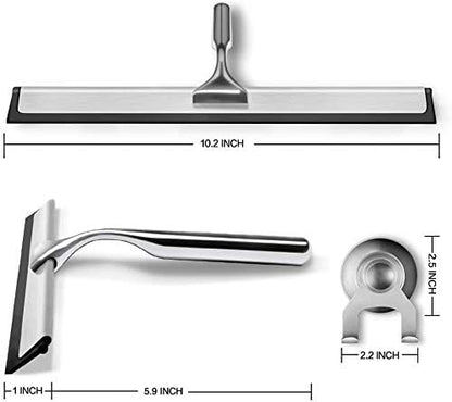 BININBOX Shower Squeegee for Shower Doors, Window, Bathroom, Mirror and Car Glass, All-Purpose Cleaning Squeegee with Powerful Suction Cup Hooks Holder – Stainless Steel, 10 Inches. (Silver)