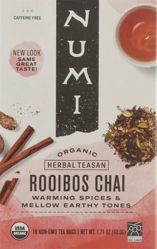 Numi Organic Rooibos Chai Tea, 18 Herbal Bags, Microplastic Free, Rich Flavor with Cinnamon, Allspice & Ginger, Caffeine Free