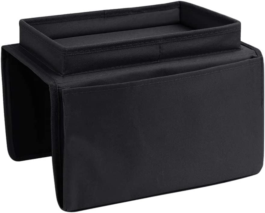 Sofa Armrest Organizer with Cup Holder No-Slip Couch Sofa Armrest Organiser Couch Remote Caddy Control Holder with 1 Large Pockets and 3 Small Pockets for TV Remotes Cellphone Magazines Drinks (Black)