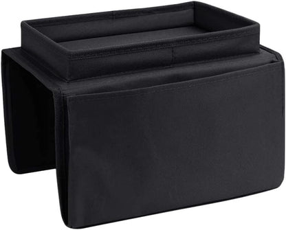 Sofa Armrest Organizer with Cup Holder No-Slip Couch Sofa Armrest Organiser Couch Remote Caddy Control Holder with 1 Large Pockets and 3 Small Pockets for TV Remotes Cellphone Magazines Drinks (Black)