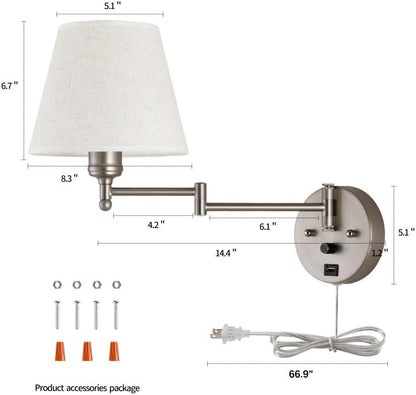 Swing Arm Wall Lamp Plug in Wall Sconces Adjustable Vintage Industrial Reading Light Bedside Wall Mount Light with Dimmable Switch and USB Port Black