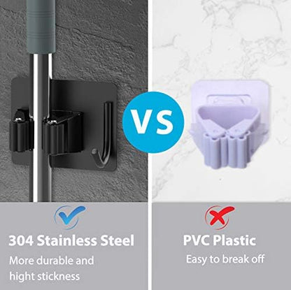 homeasy Broom Holder Wall Mount 4Pcs, Self Adhesive Mop Broom Hanger Black | Self adhesive stainless steel broom organizer with 4 hooks, holds mops, brooms and garden tools without drilling