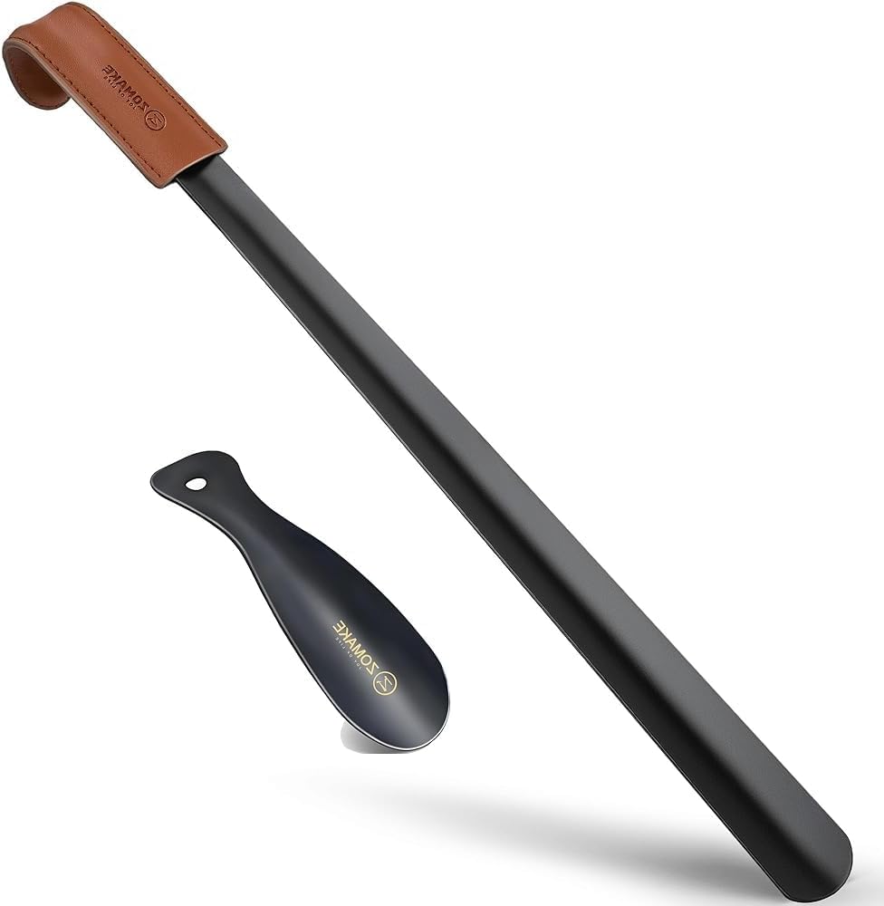 ZOMAKE Shoe Horn Long Handle for Seniors Men Women, Metal Shoehorn 2Pack | 16.5" Long Boot Horn, Travel Small Shoe Spoon Helper 7.5", Sturdy Stainless Steel, Anti-Slip Leather Grip, Shoe Protection