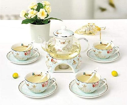 YBKTEX Glass Teapot with Ceramic Warmer- Butterflies Pattern (Pink)