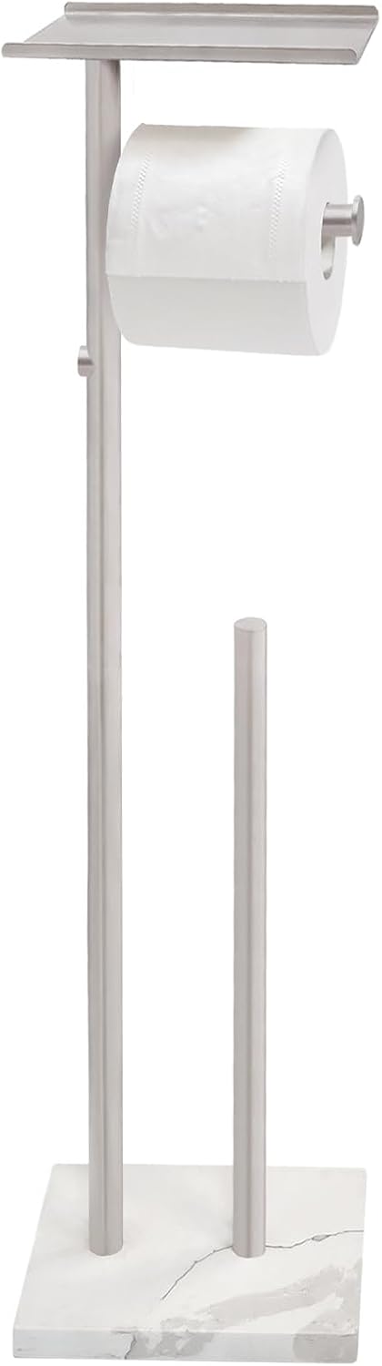 GZILA Toilet Paper Holder Stand with Shelf, Marble Base Heavy Free Standing Toilet Paper Double Roll Holders SUS304 Stainless Steel Brushed Nickel, Storages 4 Reserve Rolls Dispenser