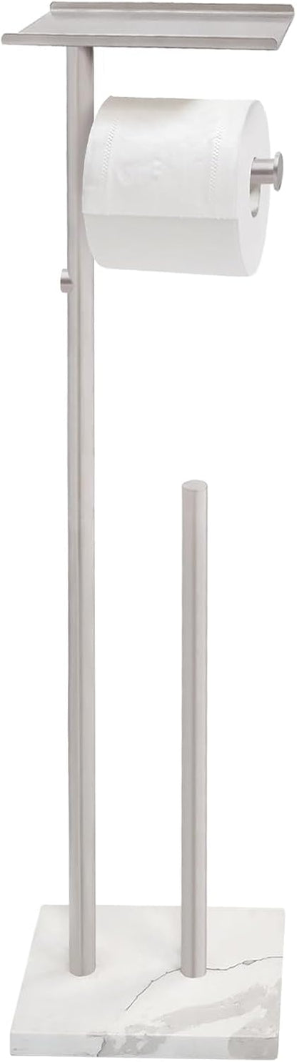 GZILA Toilet Paper Holder Stand with Shelf, Marble Base Heavy Free Standing Toilet Paper Double Roll Holders SUS304 Stainless Steel Brushed Nickel, Storages 4 Reserve Rolls Dispenser