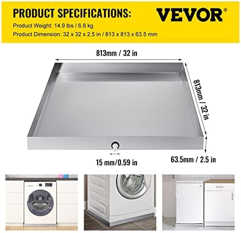 VEVOR 32 x 30 x 2.5 Inch Washing Machine Pan 18 GA Thickness 304 Stainless Steel Heavy Duty Compact Washer Drip Tray with Drain Hole & Hose Adapter