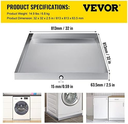 VEVOR 32 x 30 x 2.5 Inch Washing Machine Pan 18 GA Thickness 304 Stainless Steel Heavy Duty Compact Washer Drip Tray with Drain Hole & Hose Adapter