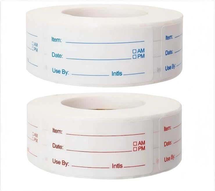 1000PCS Food Storage Labels, 2 Rolls Removable Freezer Labels, Waterproof Oil Resistant Food Date Stickers, Meal Prep Labels for Containers, Refrigerator, Kitchen Organization (Red + Blue)