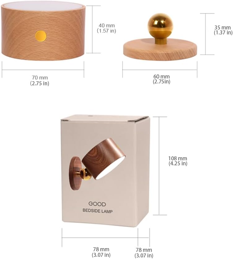 Wooden Wall Sconce 360° Rotatable Magnetic Stick on Bedside- Beech,1 PCS | Wall light self adhesive,dimmable touch control. USB-C port, minimalist style in hallways,closets,desk,reading,ambient