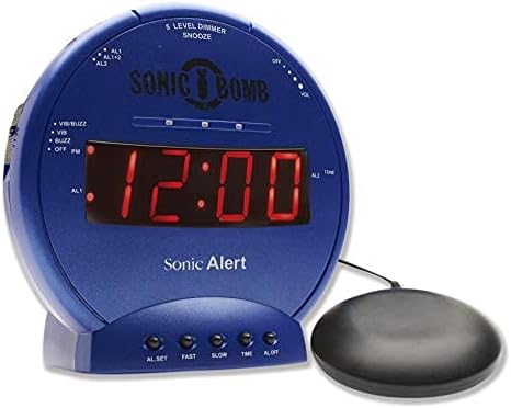 Sonic Alert Sonic Bomb Dual Alarm Clock with Bed Shaker, Black Vibrating Alarm Clock Heavy Sleepers, Battery Backup | Wake with a Shake