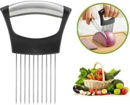 Stainless Steel Onion Holder for Slicing – Vegetable Slicer Guide with Anti-Slip Handle | Tomato, Cucumber & Meat Cutting Tool | Durable Kitchen Gadget for Precise Slicing