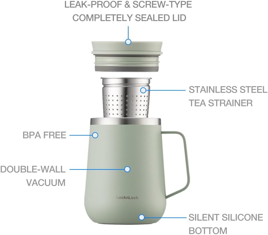 LocknLock Metro Tea Mug Mint 13oz/400ml, Tea and Coffee Mug Cups with Tea Infuser Strainer, Lid and Handle, Double Wall Stainless Steel Vacuum Insulated Travel Tumbler