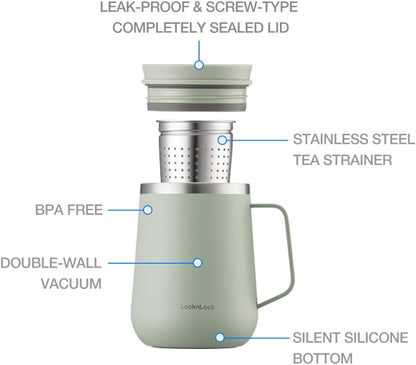 LocknLock Metro Tea Mug Mint 13oz/400ml, Tea and Coffee Mug Cups with Tea Infuser Strainer, Lid and Handle, Double Wall Stainless Steel Vacuum Insulated Travel Tumbler