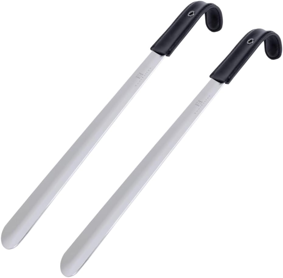FootFitter 1.8mm Extra Thick Stainless Steel Long Shoe Horn Heavy‑Duty | Reinforced Stainless Steel Design with Leather Grip Handle for Powerful Heel Control, Extended Comfort & Daily Stability