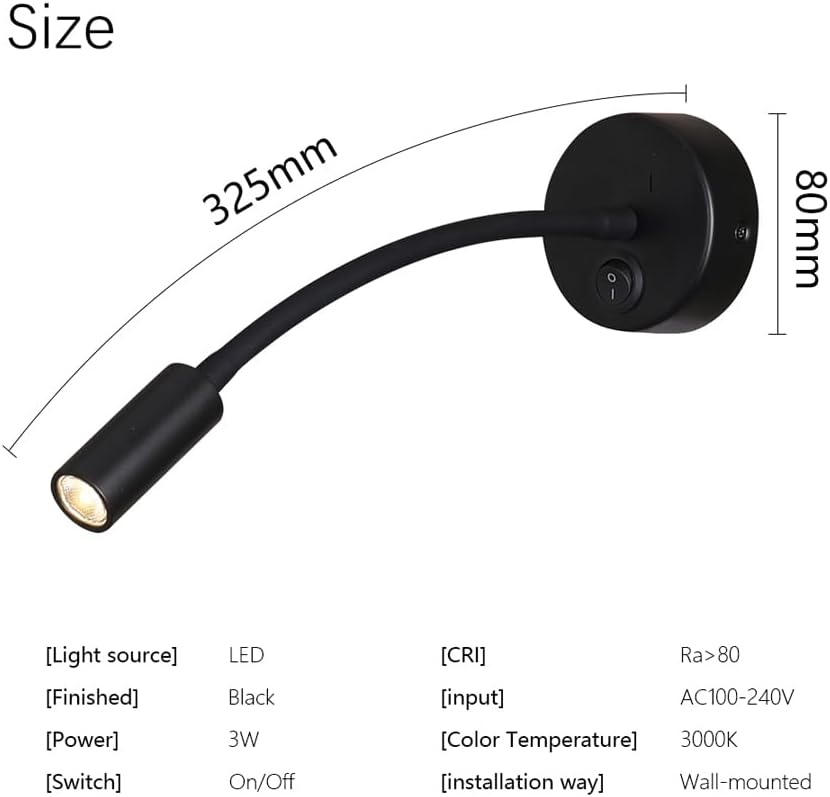 LED Reading Lamp 3W Warm White 3000K for Reading Books Black Plug Cord 2PCS (RS032)