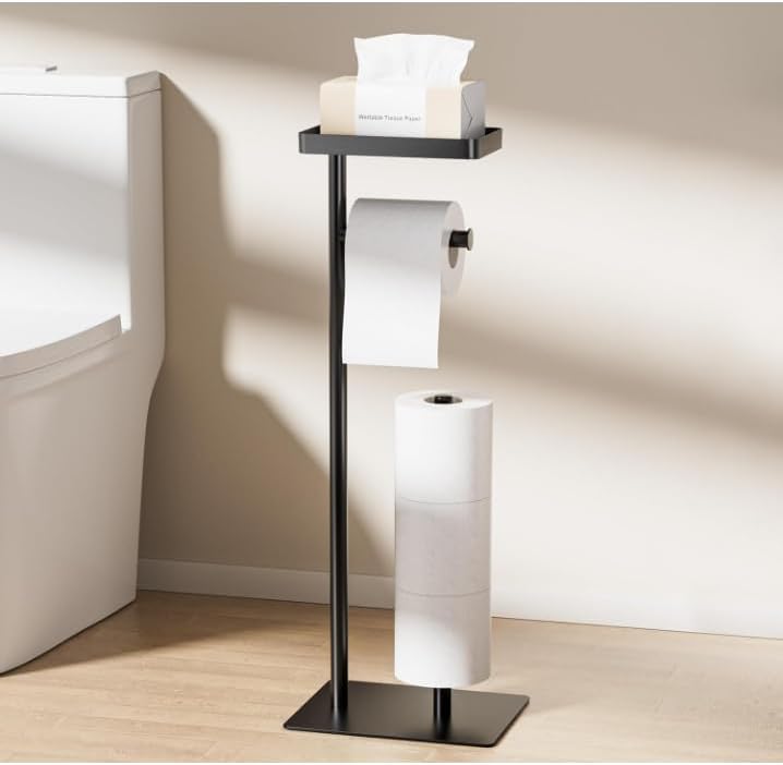 Toilet Paper Holder Free Standing - Toilet Paper Stand with Shelf | Storage for 4 Rolls- Bathroom Organizers, No Drill, for Large Toilet Rolls, 29.7 inch*12.6 inch (Matte Black)