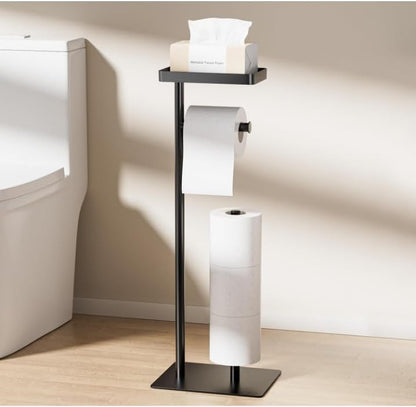Toilet Paper Holder Free Standing - Toilet Paper Stand with Shelf | Storage for 4 Rolls- Bathroom Organizers, No Drill, for Large Toilet Rolls, 29.7 inch*12.6 inch (Matte Black)