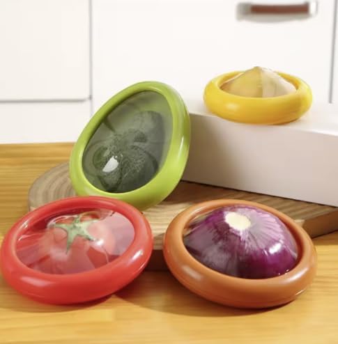 Reusable Silicone Food Storage Containers for Avocado, Onion, Tomato & Lemon Fresh Food Saver Pods for Refrigerator BPA Free Kitchen Storage Set of 4