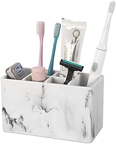 Marble Look Toothbrush Holder for Bathroom Countertop Organizer, Holds Toothpaste, Dental Floss, Razor, Comb, Makeup Brushes, and More, Stylish Bathroom Accessory for Tooth Brushing Essentials