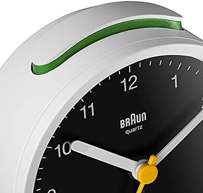 Braun Classic Analogue Alarm Clock with Snooze and Light, Quiet Quartz Movement, Crescendo Beep Alarm in White, Model BC12W.