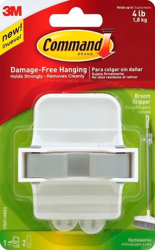 Command Large White Broom Grippers, 2 Broom Grippers, 4 Strips | Damage-Free Hanging Wall Mount Broom and Mop Holder, No Tools Holiday Cleaning Organizer, Holds up to 4 lb