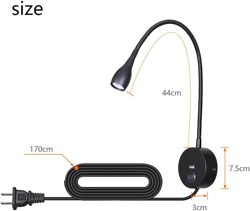 LED Reading Lamp 3W Warm White 3000K for Reading Books Black Plug Cord 2PCS (RS032)