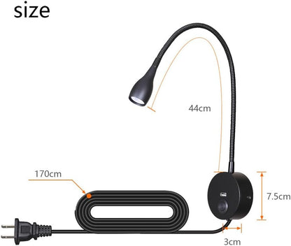 LED Reading Lamp 3W Warm White 3000K for Reading Books Black Plug Cord 2PCS (RS032)