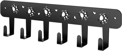 Dog Leash Holder for Wall, Extra Wide 6 Hook Key Rack with Pet Paw Print & Heart, Matte Black Rust-Proof Pet Organizer for Thick Leashes & Keys, Perfect for Mudroom & Entryway, Dog & Cat