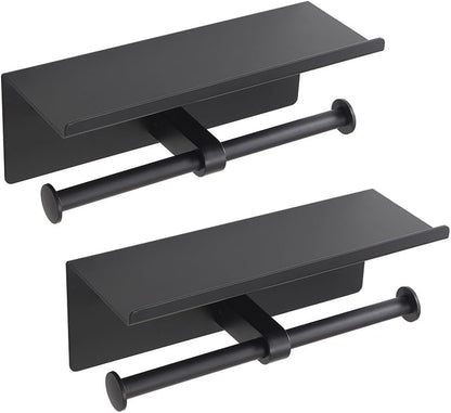 Black Toilet Paper Roll Holder with Shelf Wall Mounted for Bathroom (Black, Double Head)