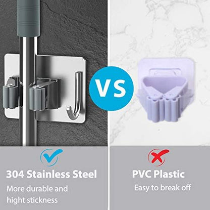 homeasy Broom Holder Wall Mount 4Pcs, Self Adhesive Mop Broom Hanger Black | Self adhesive stainless steel broom organizer with 4 hooks, holds mops, brooms and garden tools without drilling