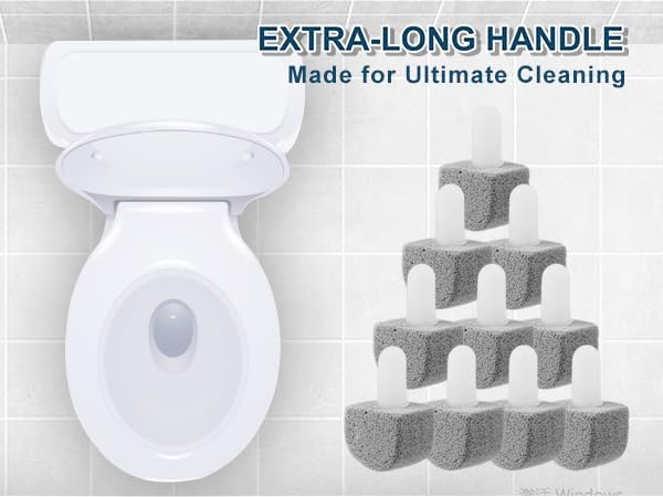 Pumice Toilet Cleaner 17in, Hard Water Stain Remover for Pool & Tub, (1+8) | Natural pumice set. Removes rust, lime & hard water rings from tubs, pools & tiles. Long handle. Easy refill.