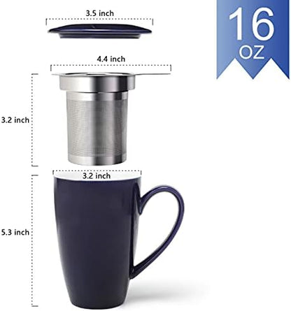 amhomel Porcelain Tea Mug with Infuser and Lid, 16 Ounce Ceramic Tea Cup for Loose Leaf, Coffee, Cocoa and Milk, Tea Gift for Tea Lovers, Set of 2(White)