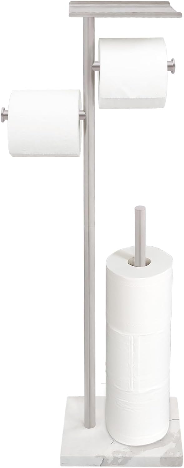 GZILA Toilet Paper Holder Stand with Shelf, Marble Base Heavy Free Standing Toilet Paper Double Roll Holders SUS304 Stainless Steel Brushed Nickel, Storages 4 Reserve Rolls Dispenser