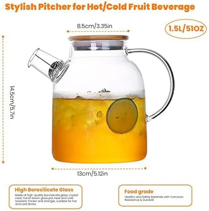 60.8oz Glass Teapot, Stovetop & Microwave Safe Glass Borosilicate Tea Pot,Clear Teapot with Strainer, Glass Tea Kettle with Wooden Lid, Loose Leaf、Fruit Tea and Fragrant Tea
