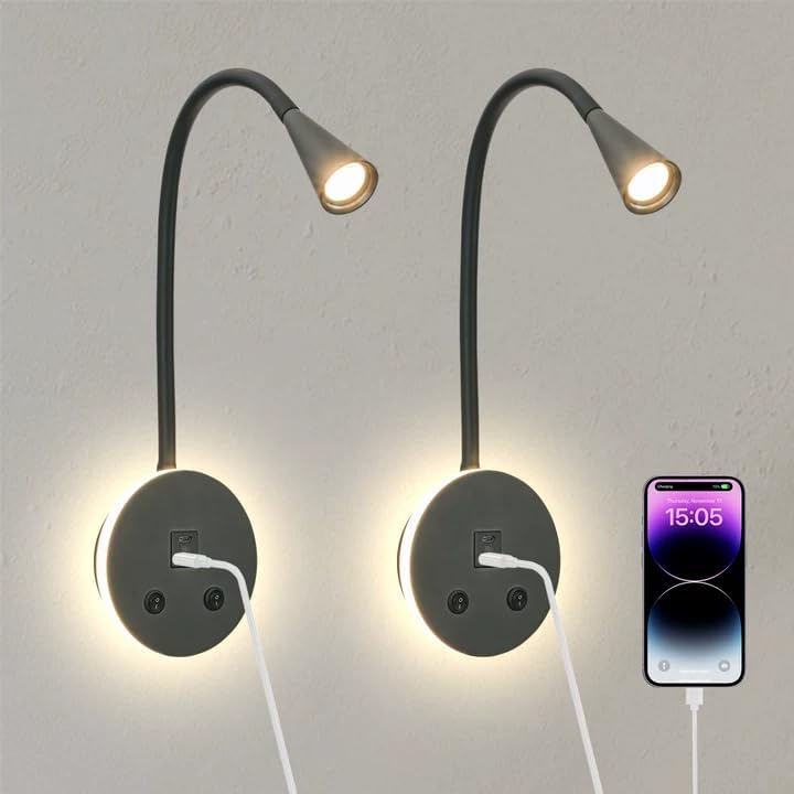 Book Lights for Reading at Night, LED Wall Mounted Reading Light, Flexible Gooseneck Wall Lamps for Bedroom, Plug in Wall Lights with USB Charging, Bedside Wall Sconces Focused Bed Lamp (Black)